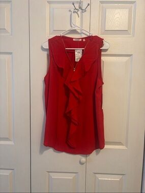 Sleeveless Red Ruffle Front Blouse
